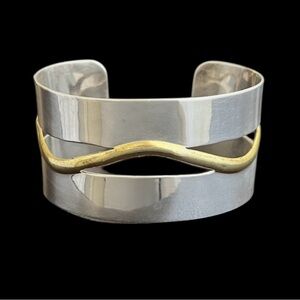 Vintage Taxco Mexico wide sterling silver cuff bracelet with brass accent